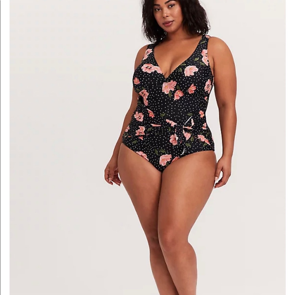 BLACK FLORAL & POLKA DOT TIE FRONT ONE-PIECE SWIMSUIT.  Size 2, New with tags!